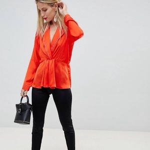 ASOS // plunge knot satin top w. contrast trim